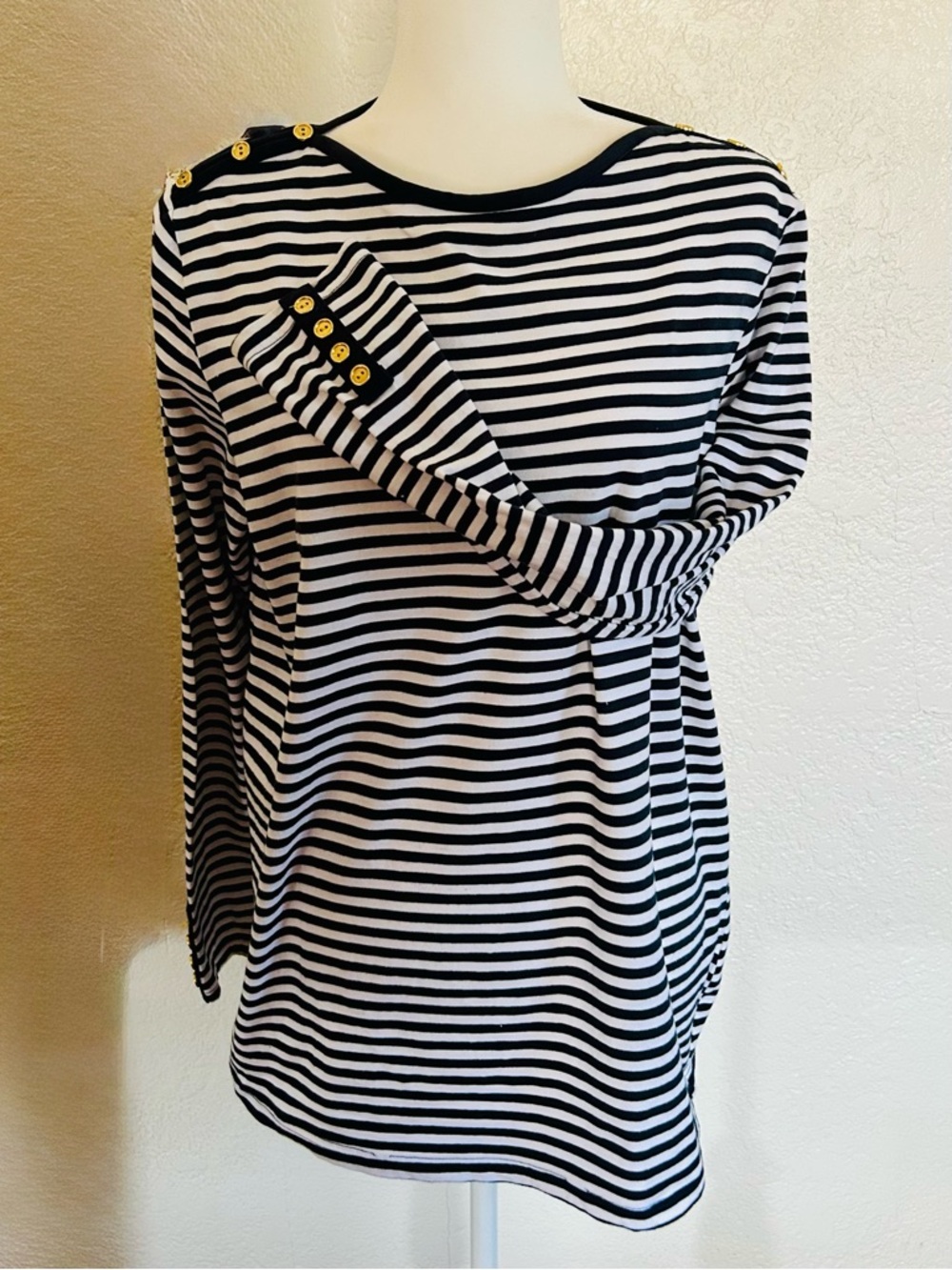 Black and White Striped with gold buttons